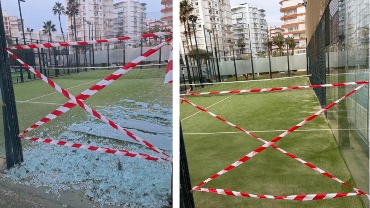 Vista de la pared de una de las pistas de pádel destrozada en Torre del Mar y la posterior reparación.