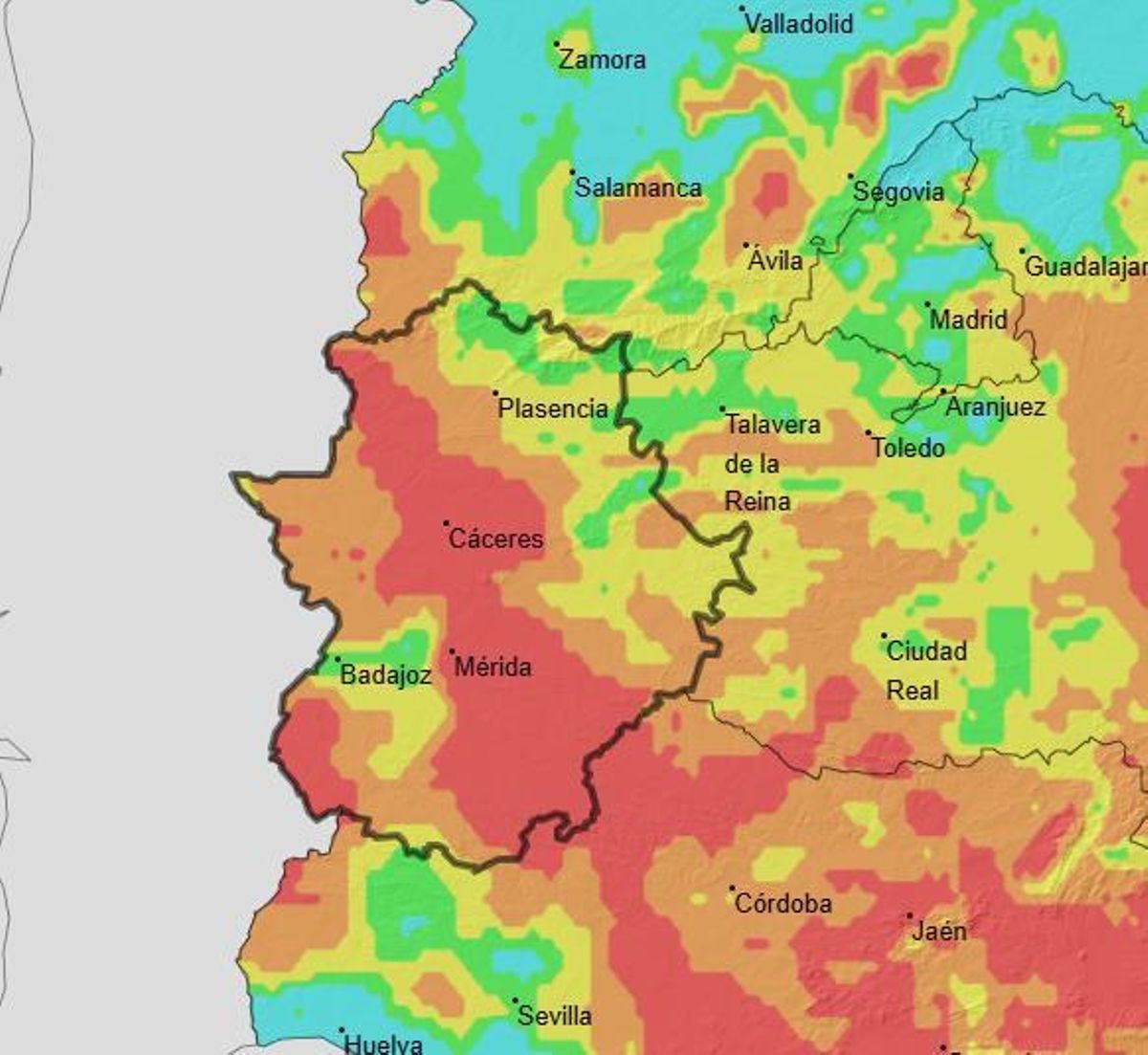 Mapa de riesgo de incendios este viernes en Extremadura