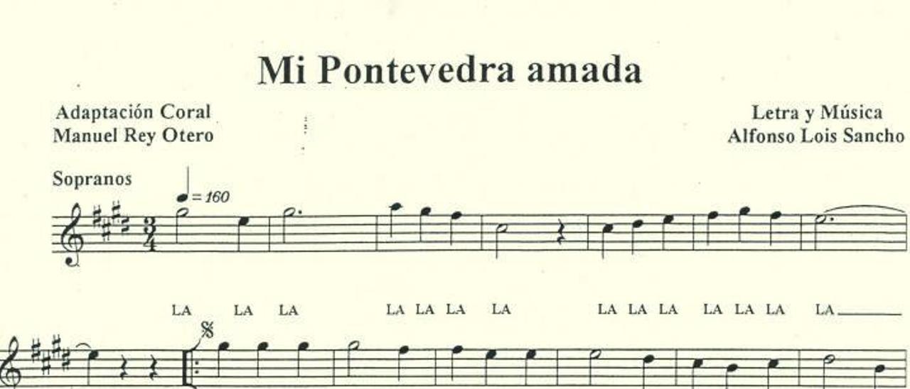 Partitura de “Mi Pontevedra amada”, adaptada por Manolo Rey para la coral O Chopo.