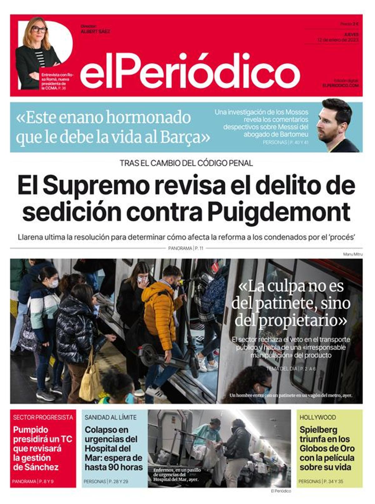 La portada d’EL PERIÓDICO del 12 de gener del 2023 La portada d’EL PERIÓDICO del 12 de gener del 2023