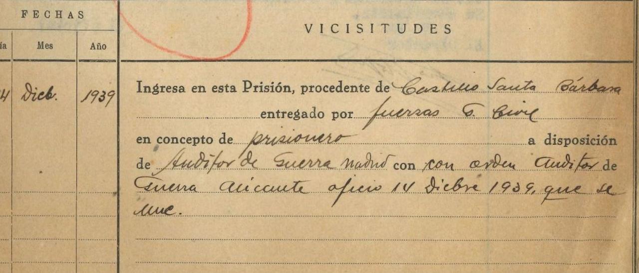 Uno de los expedientes en el que se detalla que el preso procede del Castillo de Santa Bárbara, para su traslado a la prisión de la Fábrica de Elche.