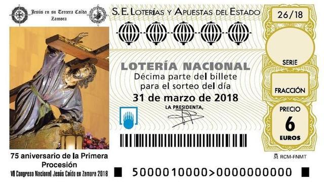 Décimo de lotería con la imagen de Jesús en su Tercera Caída