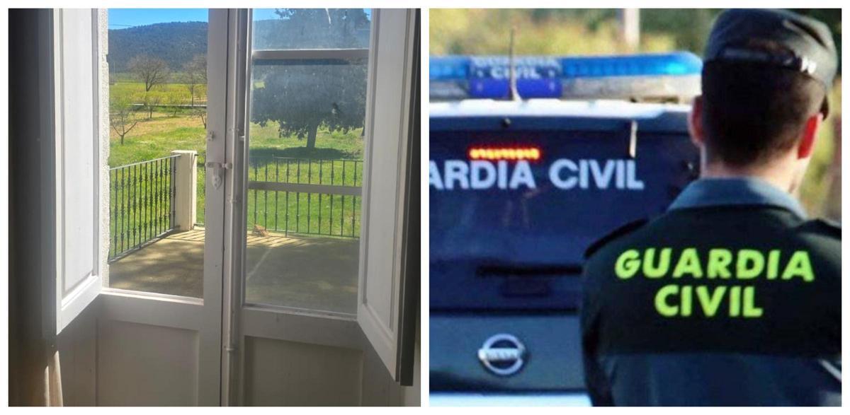 A la izquierda, ventana por la que entraron los ladrones. A la derecha, una imagen de archivo de un agente de la Guardia Civil.