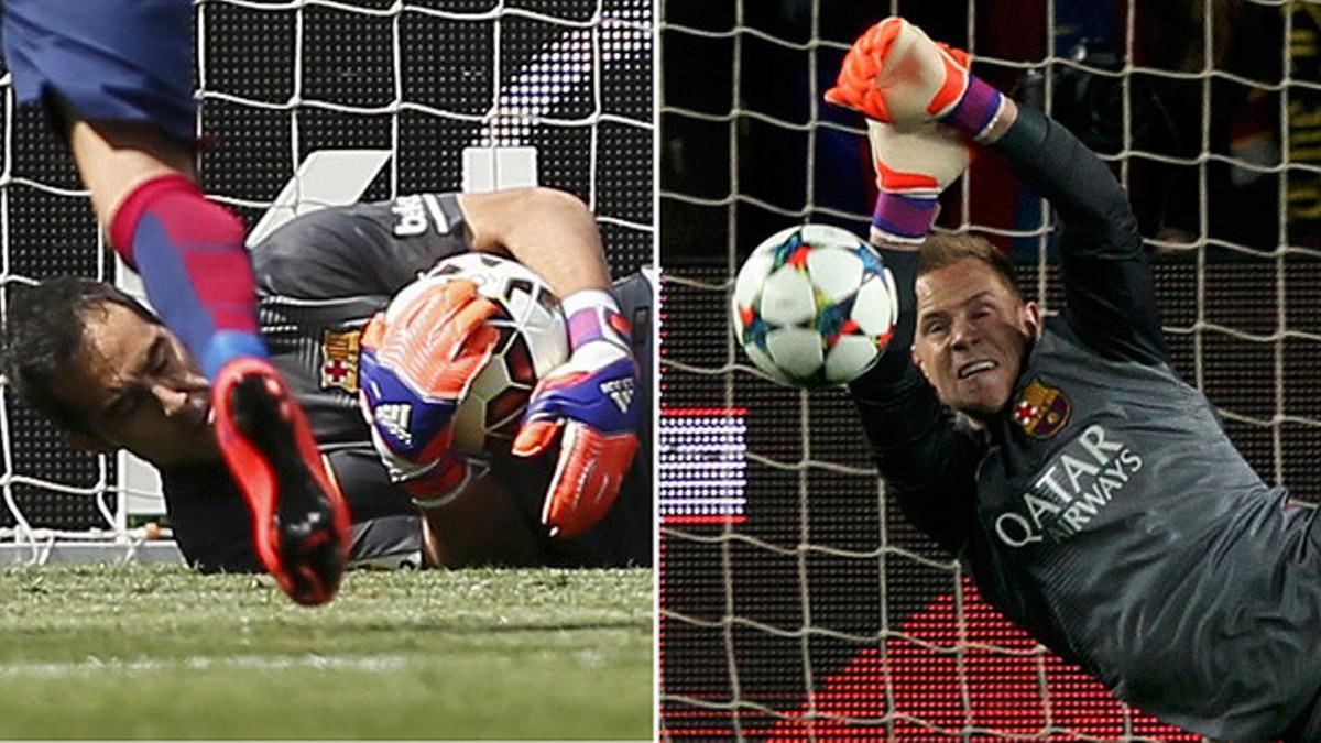 A la derecha, Bravo detiene el penalti que lanzó Parejo (Valencia), el sábado en la Liga. A la izquierda, Ter Stegen desvía el penalti de Agüero (Manchester City), el miércoles pasado en la Champions