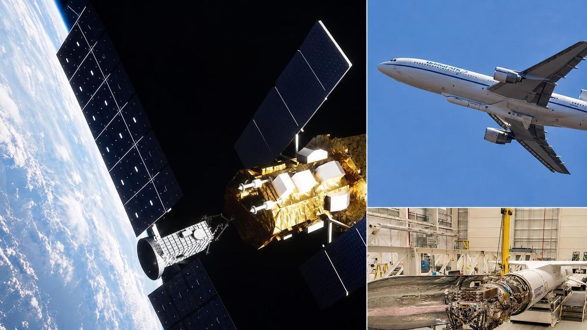 Izquierda: recreación artística de la misión de rescate, en la que el vehículo robótico LINK se aproxima al Neil Gehrels Swift Observatory con sus brazos robóticos desplegados. Arriba a la derecha: el avión Stargazer transportando bajo su fuselaje un cohete Pegasus XL, que llevará a LINK al espacio. Abajo a la derecha: instalación de LINK en el cohete Pegasus XL y cierre de la cubierta que lo protegerá durante el lanzamiento. Créditos: Katalyst Space; NASA/Randy Beaudoin; NASA/Ron Beard.
