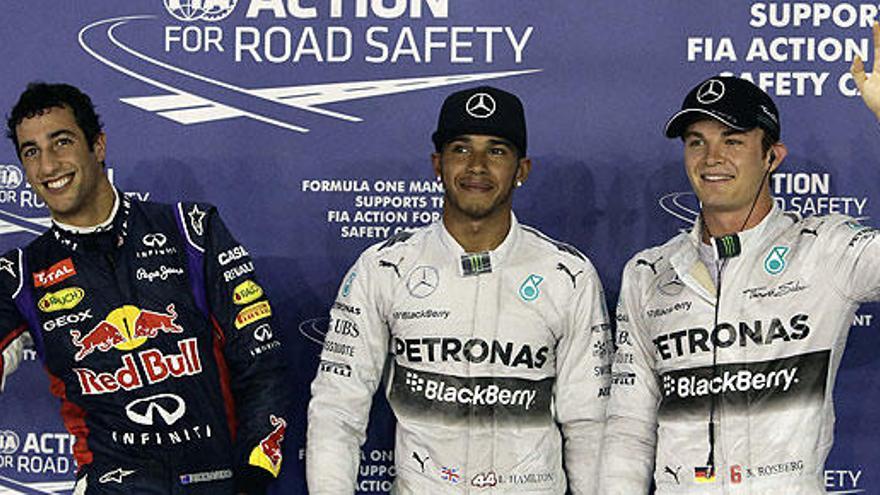 Hamilton, junto a Rosberg y Ricciardo.