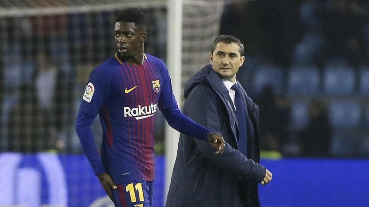 Dembélé, junto a Valverde en el encuentro ante el Celta