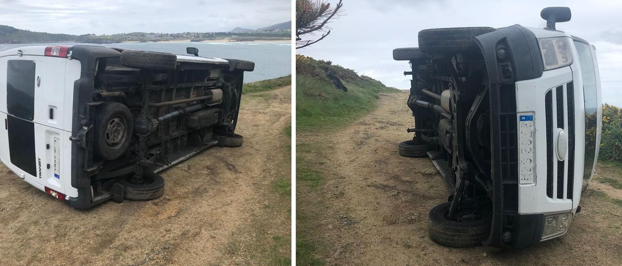 Una furgoneta volcada mientras sus ocupantes extraían mejilla, en la zona de Ferrol.  | // FDV