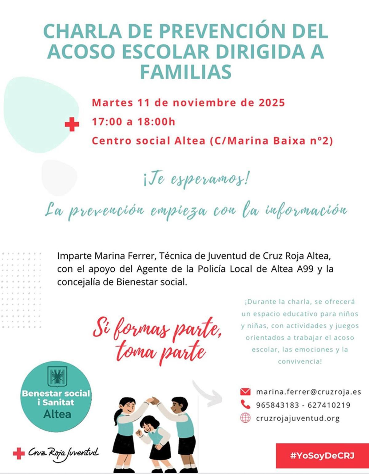 Cartel de la charla sobre el acoso escolar en Altea