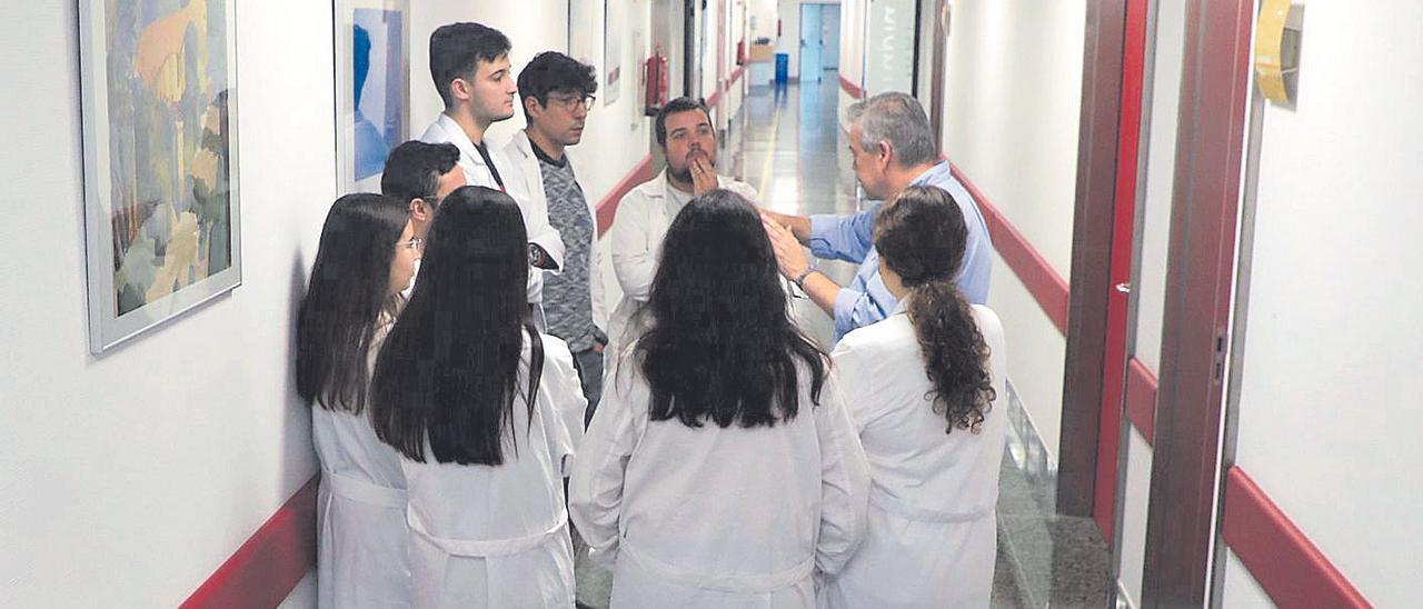 Un grupo de médicos residentes con su tutor en el Complexo Hospitalario de Santiago.