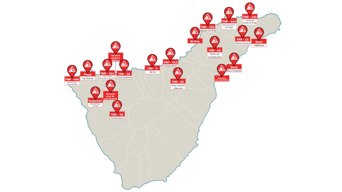 Infografía de las carreteras afectadas en Tenerife.
