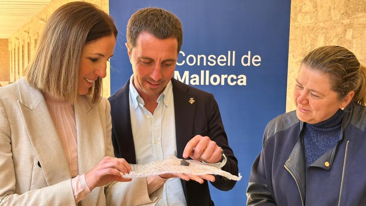 Antònia Roca, Llorenç Galmés y Maribel Arnau contemplan la pequeña pieza arqueológica.