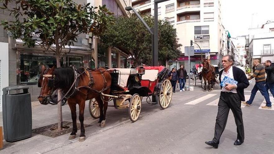 Un vecino pasa junto a uno de los coches de caballos que estacionan en el centro urbano.