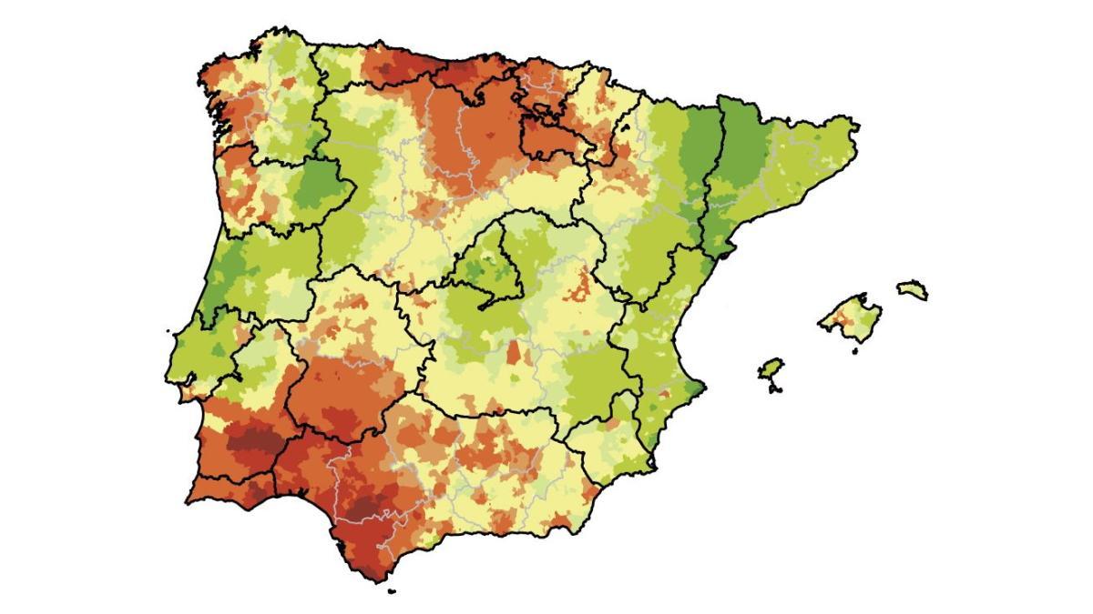 Mapa de riesgo relativo de fallecer por cáncer de laringe.