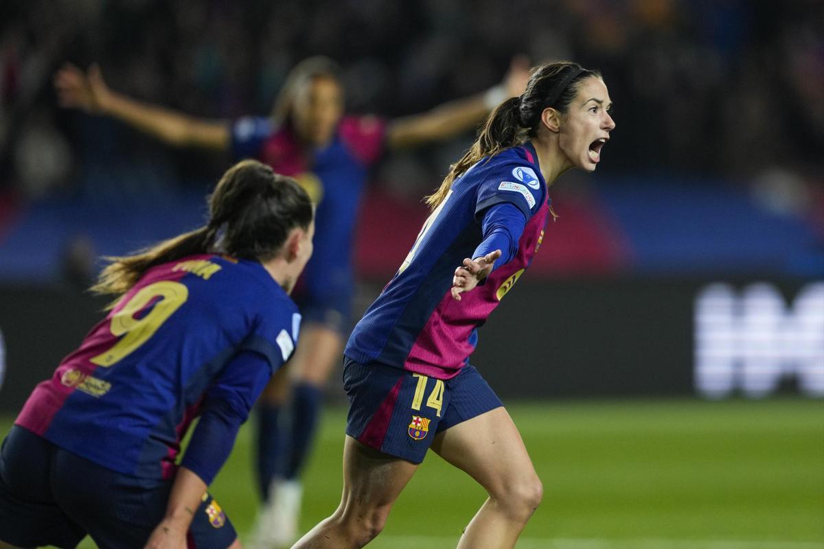 Aitana Bonmatí celebra un gol de Barça en la Champions contra el Manchester City