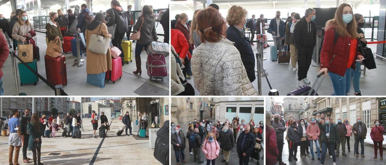 Un grupo de personas que ayer abandonaban Ourense en el tren a Madrid. En las imágenes inferiores de la derecha, turistas en el casco histórico. // IÑAKI OSORIO