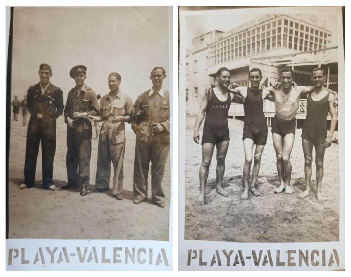 Fotos que ha encontrado Laurent en la maleta. Su abuelo es, con uniforme, el primero de la izquierda, y con bañador el segundo por la derecha.