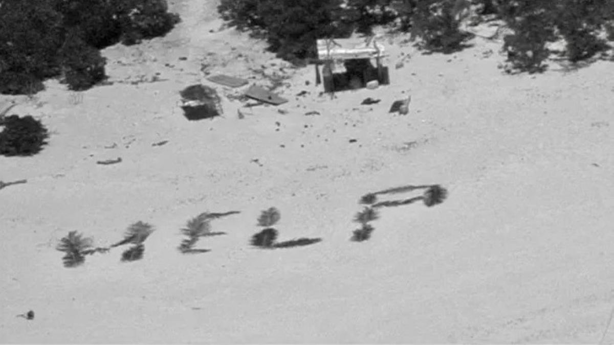 'Help' ('Socorro'), escrita con palmeras por los náufragos
