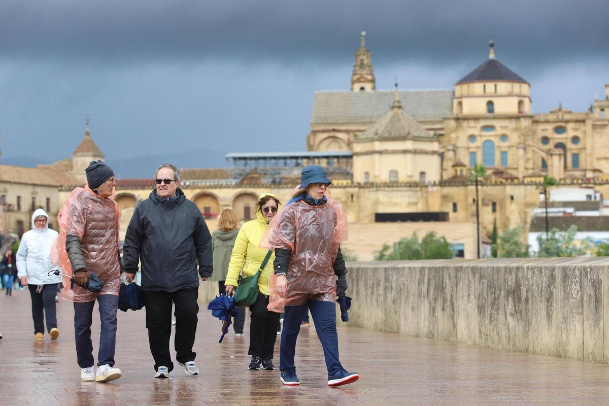 Varios turistas recorren bajo la lluvia el Puente Romano de Córdoba.