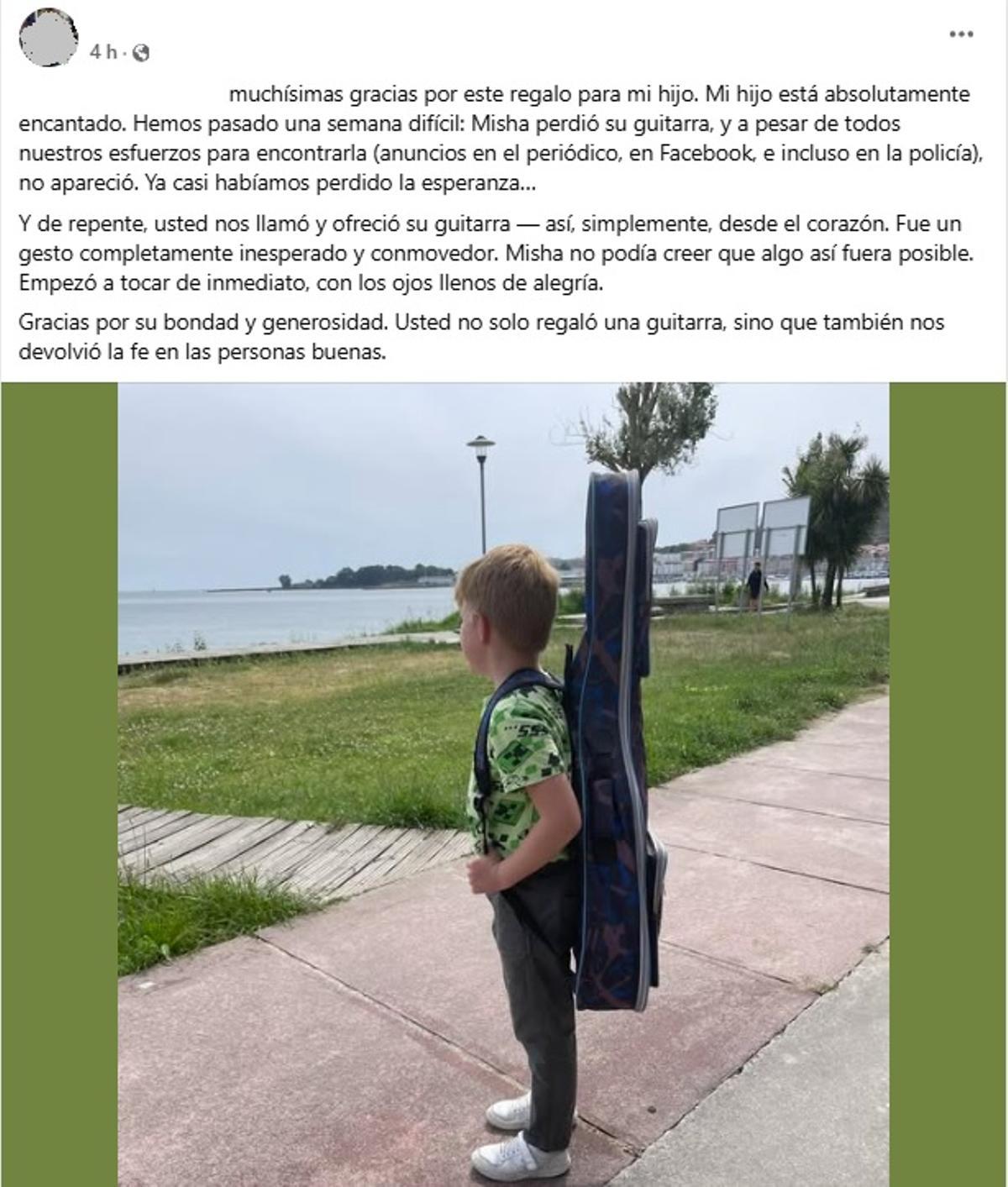 Pantallazo de la publicación en Facebook en la que una madre de Cangas le da a un vecino de Moaña «muchísimas gracias por este regalo para mi hijo.