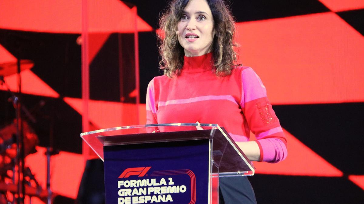 La presidenta de la Comunitat de Madrid, Isabel Díaz Ayuso, a la presentació del gran premi d'Espanya d'F1 a Madrid
