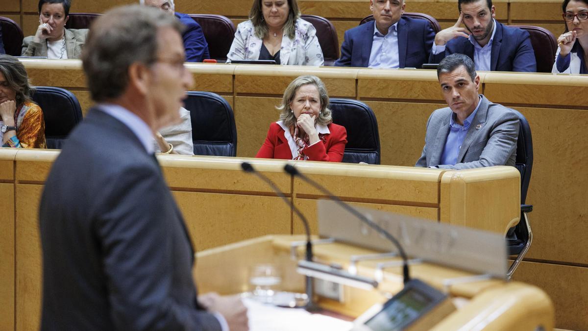 Alberto Núñez Feijóo interviene en el Senado ante la mirada de Pedro Sánchez y la bancada socialista.