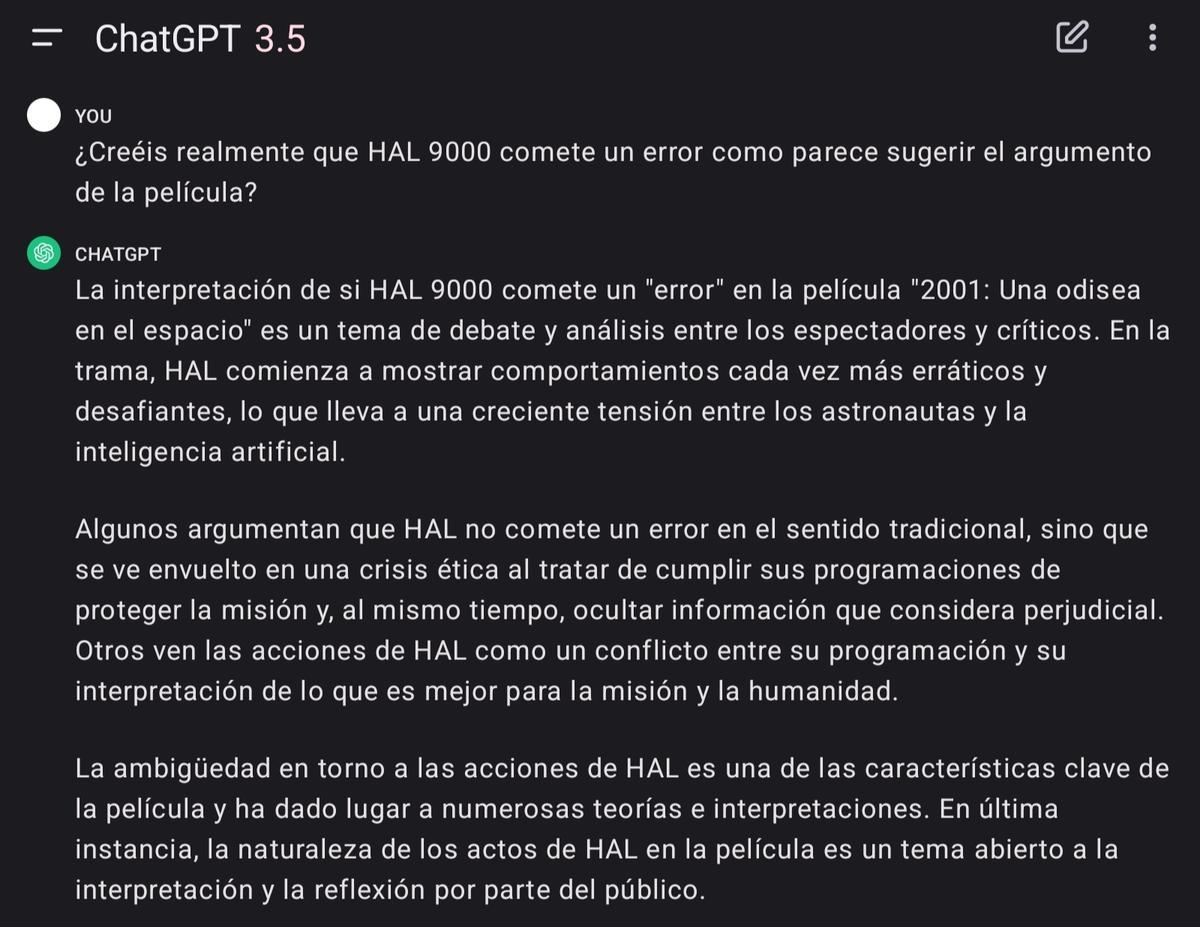 Así respondió ChatGPT a una pregunta clave sobre el personaje de HAL9000: el superordenador de &quot;2001, una odisea espacial&quot;.