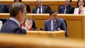 Pedro Sánchez y Alberto Núñez Feijóo durante un debate en el Senado.