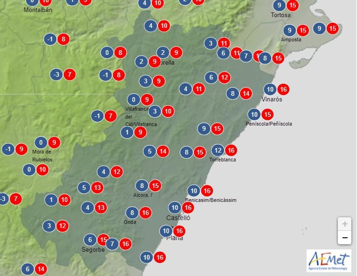 Mapa de la provincia de Castellón con las temperaturas que se esperan el viernes