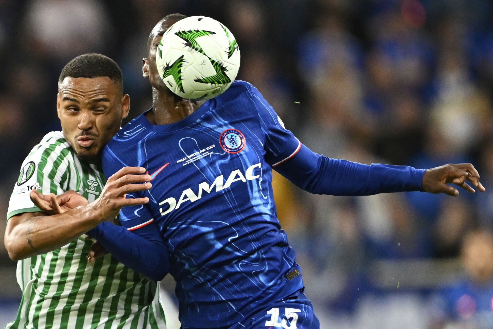 Chelsea's Nicolas Jackson, right, and Betis' Natan challenge for the ball during the Europa Conference League final soccer match between Real Betis and Chelsea in Wroclaw, Poland, Wednesday, May 28, 2025. (AP Photo/Denes Erdos)
