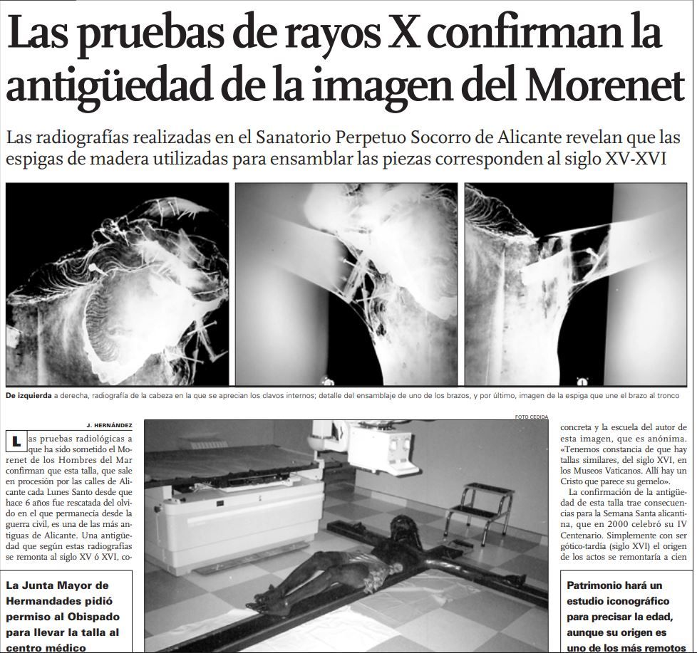 Fragmento de la página publicada por INFORMACIÓN cuando en 2002 el Cristo fue sometido a pruebas en un hospital de Alicante