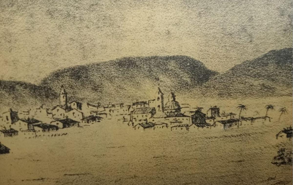 Gravat del llibre de Vicente Boix sobre la inundació del Xúquer de 1876 on es veu l'antiga cúpula de Santa Caterina.