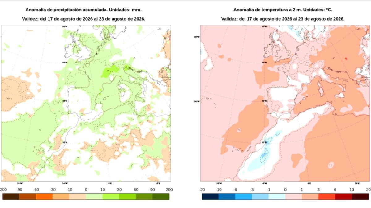 Gráfico de las anomalías medias de la temperatura y de las precipitaciones para la semana del 17 al 23 de agosto.