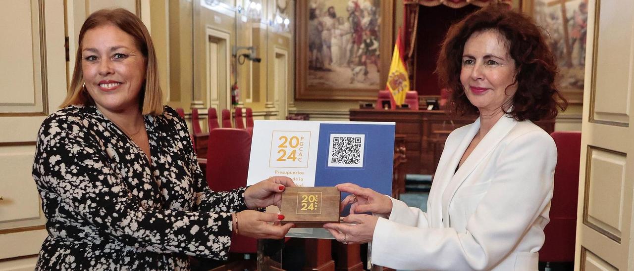 La consejera Matilde Asián (d) entrega los Presupuestos para 2024 a la presidenta del Parlamento, Astrid Pérez.