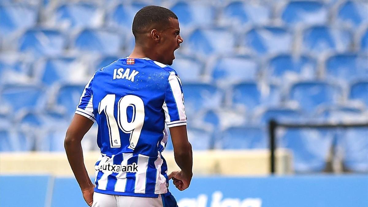 Real Sociedad's Alexander Isak heads for the ball during a Spanish