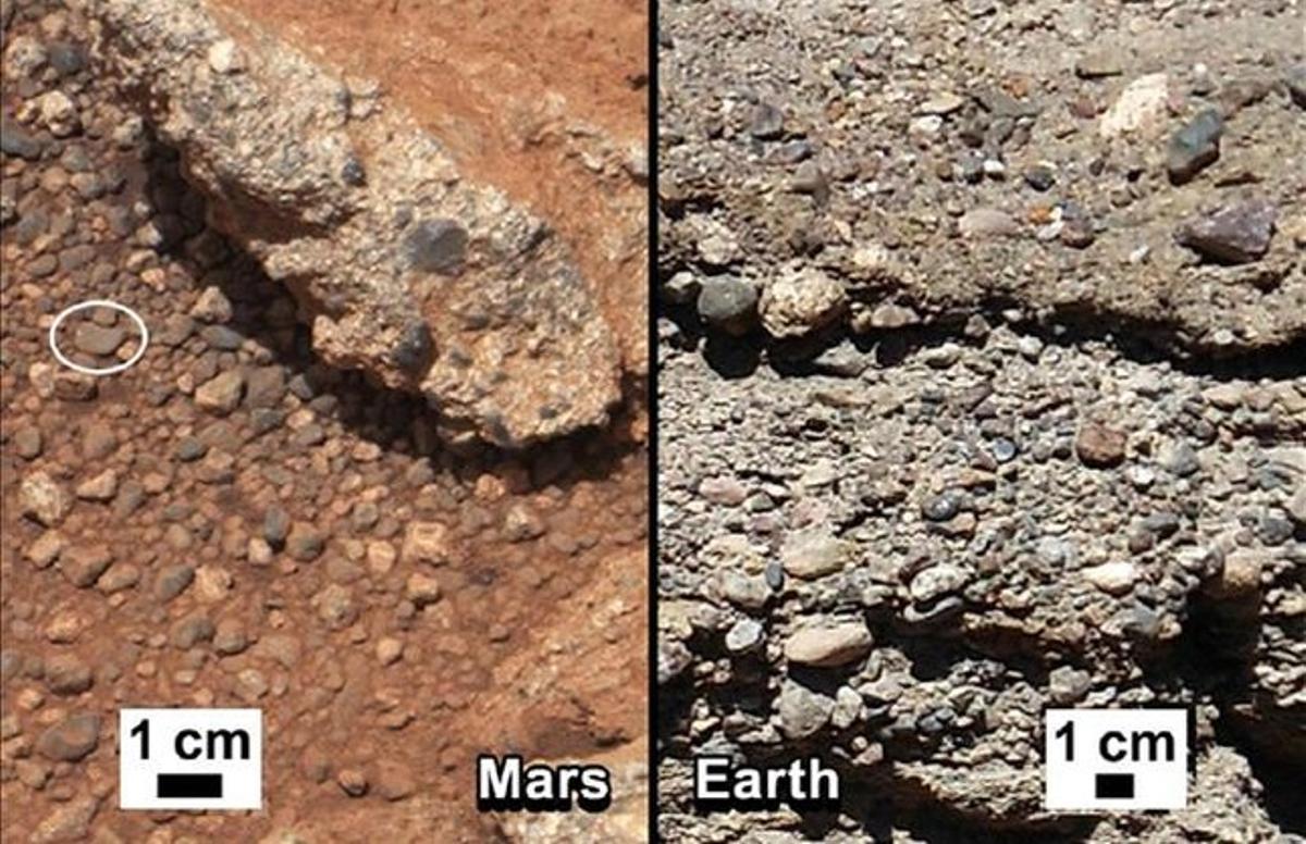 Comparació facilitada per la NASA que mostra el terreny fotografiat a Mart (esquerra) i una estructura d’aspecte similar en un curs terrestre. / Foto: NASA Comparació facilitada per la NASA que mostra el terreny fotografiat a Mart (esquerra) i una estructura d’aspecte similar en un curs terrestre. / Foto: NASA
