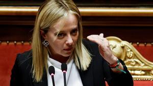 La primera ministra italiana, Giorgia Meloni, durante su intervención en el Parlamento, el pasado 26 de octubre.