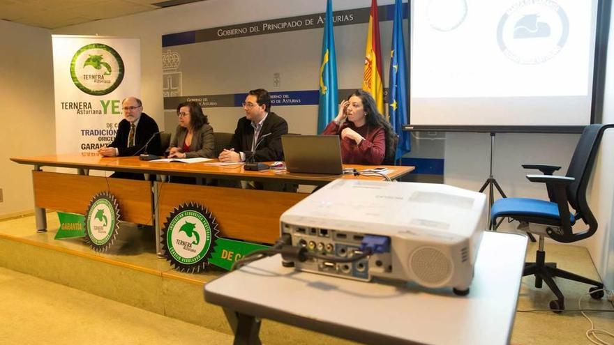 Por la izquierda, Jesús Casas (director general de Desarrollo Rural y Agroalimentación), María Jesús Álvarez (consejera de Desarrollo Rural y Recursos Naturales), Sergio Blasco (presidente de Ternera Asturiana) y Elena Cebada (gerente del Consejo Regulador IGP), ayer en Oviedo.