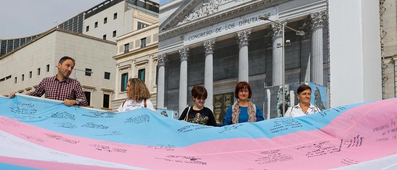 Varios activistas protestan a favor de la ley trans a las puertas del Congreso de los Diputados.