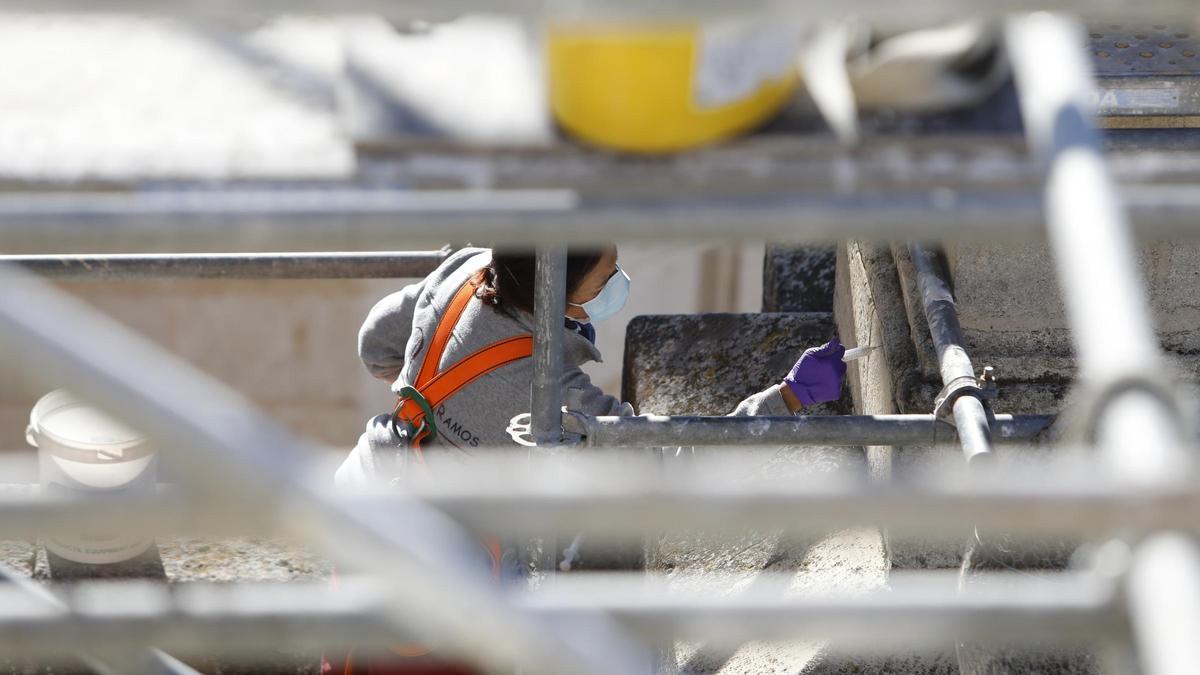 Operarios reparan partes de la catedral de Granada tras los terremotos.