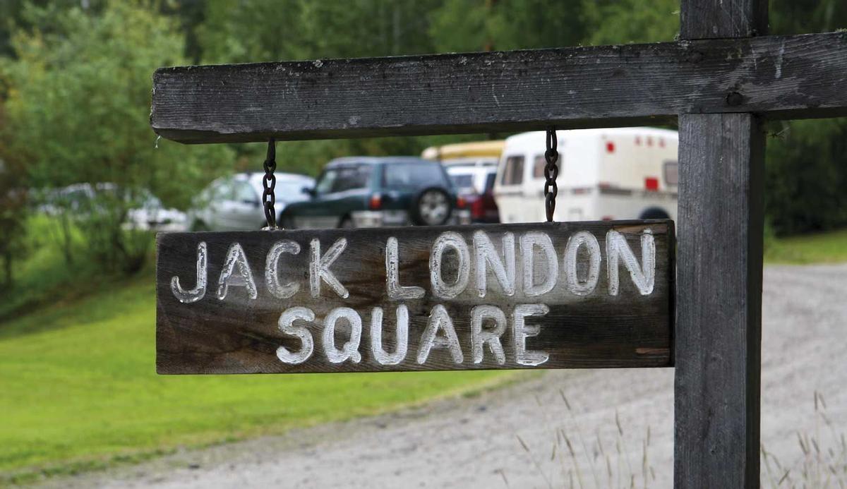 Jack London's historic house, Dawson city, Yukon, Canada.  Log house with sod and grass roof