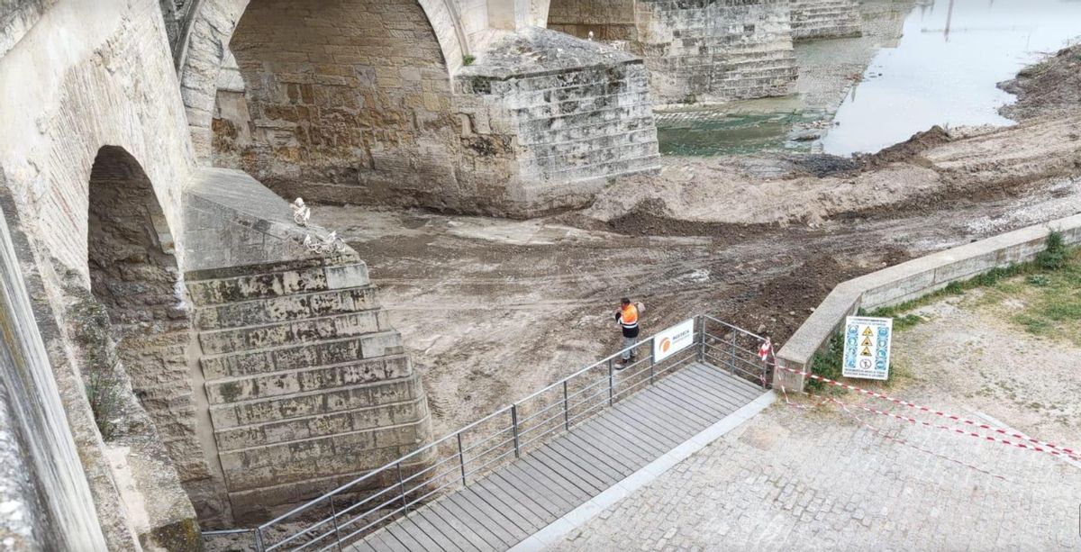 Un operario trabaja en la retirada de lodos en el entorno de la Calahorra.