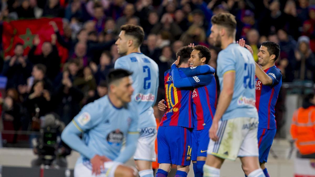 Messi, Neymar y Suárez, celebrando un gol en un Barça-Celta