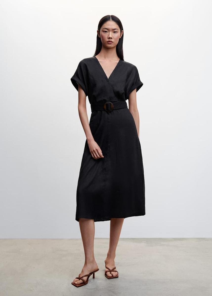 Vestido midi de manga corta de lino con cinturón de Mango