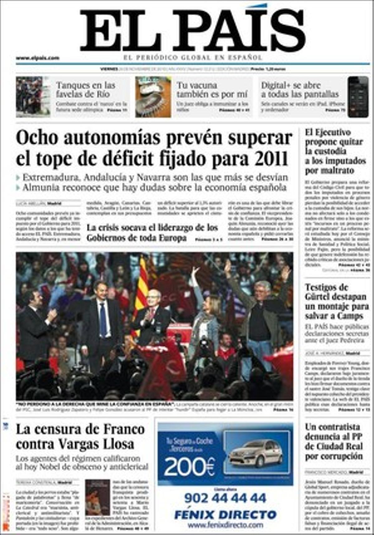 ’El País’ destaca dins que Caruana demana per a Gibraltar el mateix estatuts d’Andorra; la manifestació d’ahir a Madrid de 5.000 funcionaris de presons pels seus sous i contra la massificació, i que Michael Douglas torna a somriure després de recuperar-se d’un càncer.