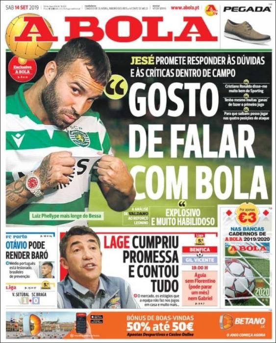 Portada A BOLA sábado 14 septiembre 2019