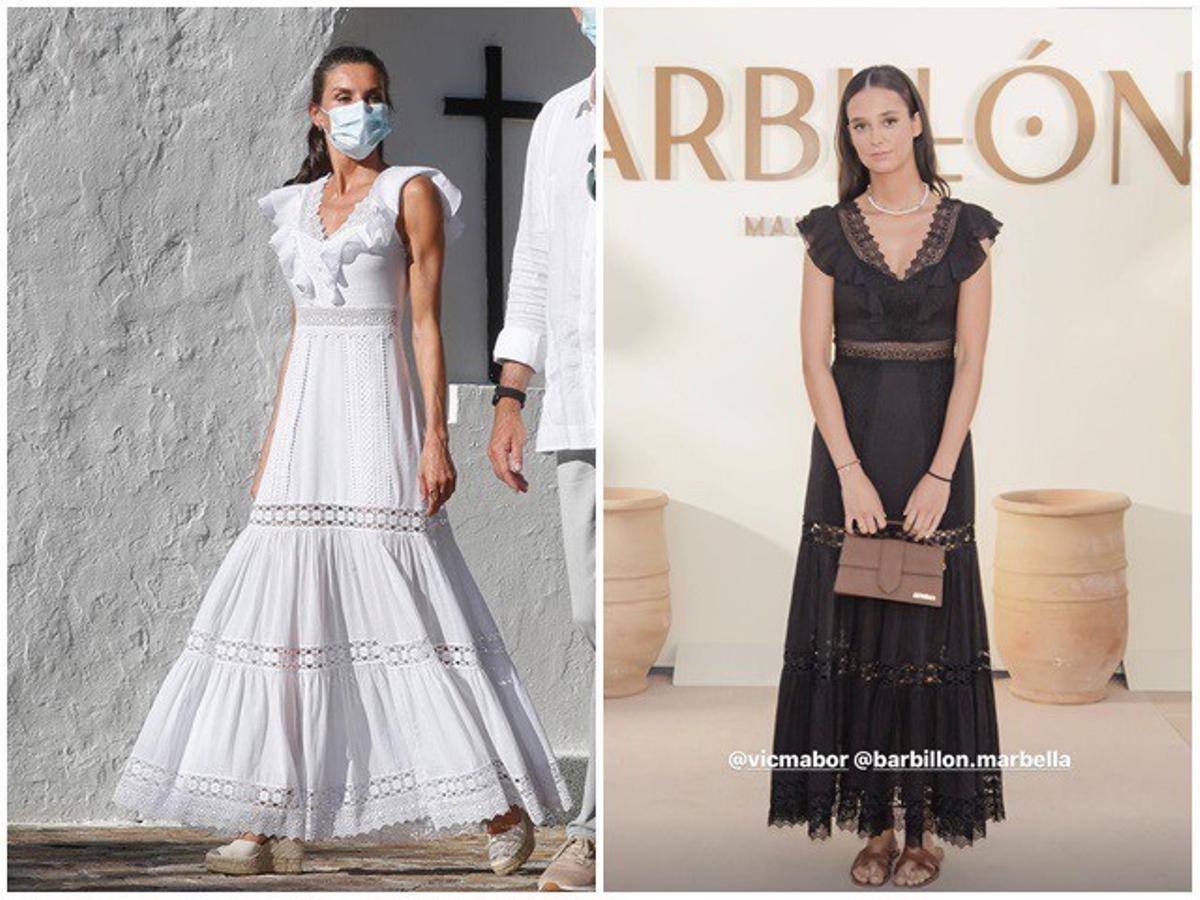A la izquierda, Doña Letizia en Mallorca en 2020 y, a la derecha, Victoria Federica en Marbella con el mismo vestido.