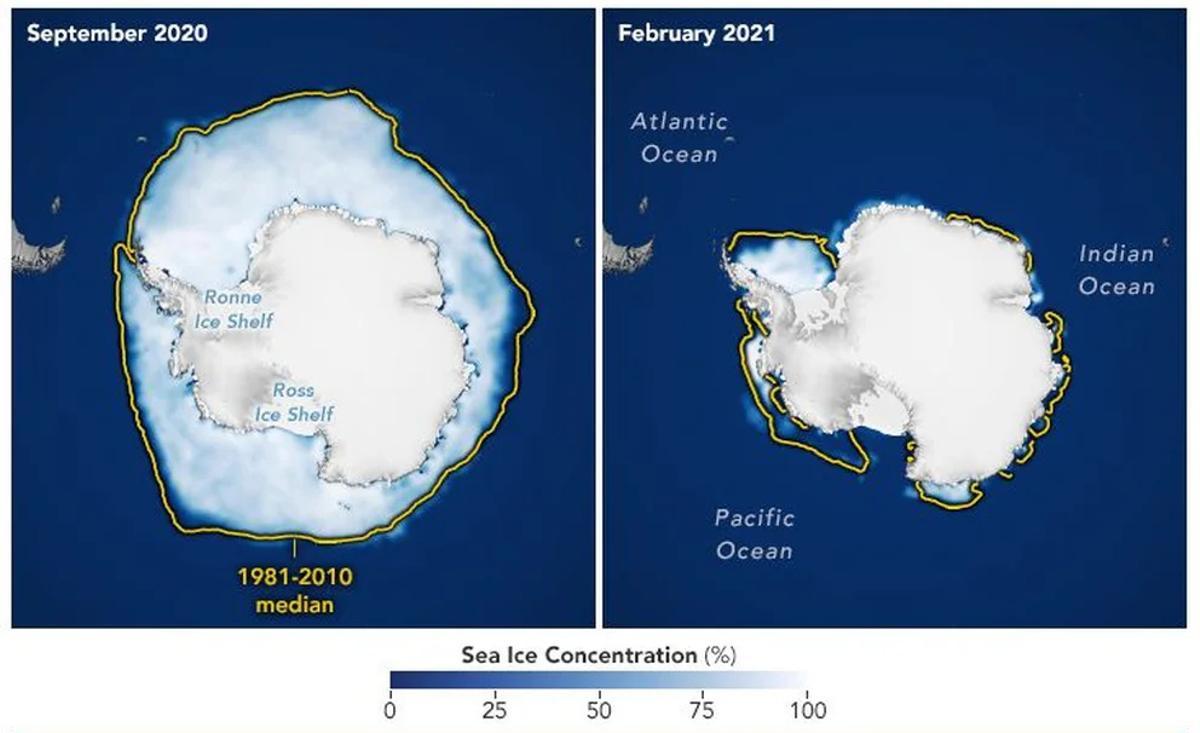 Retroceso del hielo de la Antártida en dos momentos diferentes del año