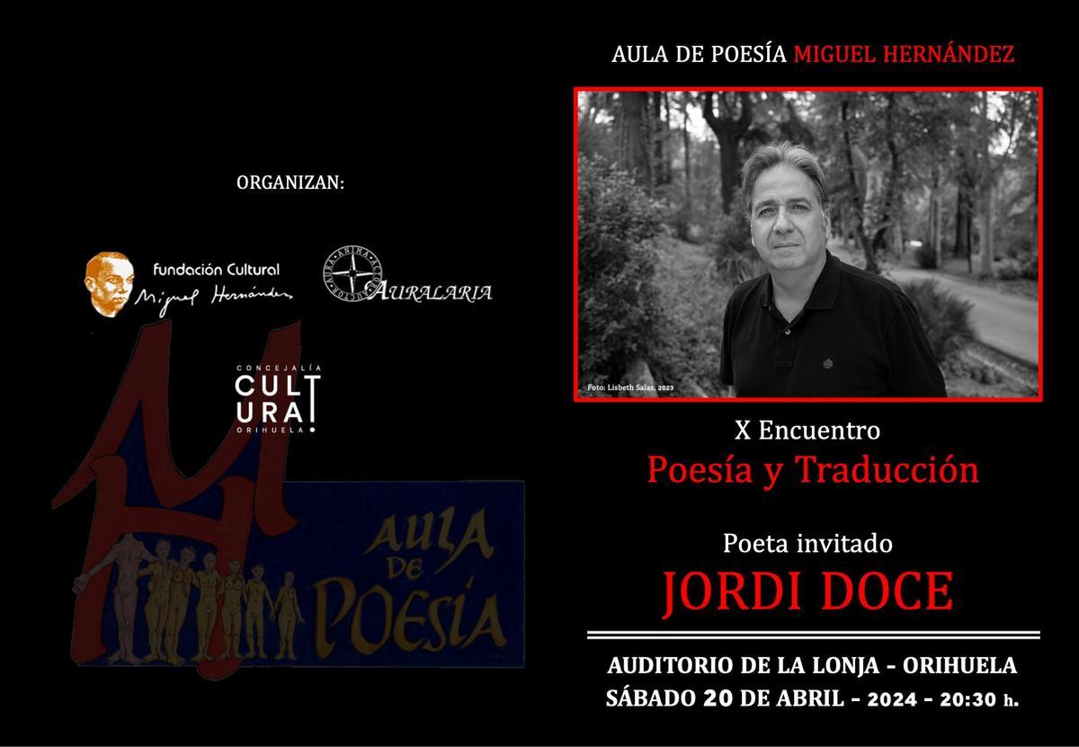 Cartel promocional de la charla con el poeta y traductor Jordi Doce