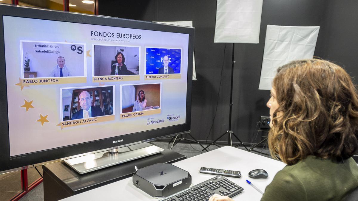 Un momento del encuentro digital sobre Fondos Europeos,  moderado por Elena Vélez sobre Fondos Europeos.